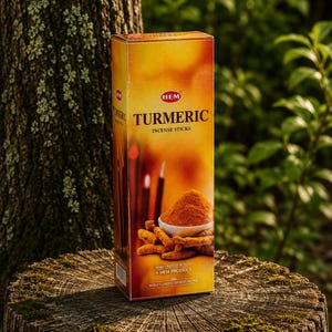 May include: A rectangular cardboard box of Hem Turmeric incense sticks. The packaging features a warm yellow and orange gradient background with an image of raw turmeric roots and a small white bowl filled with bright orange turmeric powder.
