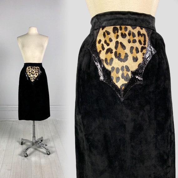 Vintage 80s Black Leopard Print SUEDE SNAKESKIN FUR Pencil Skirt