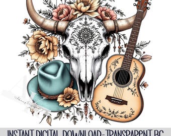 Western Boho Skull Guitar PNG | Country Music Sublimation Design | Southern Digital Download Instant