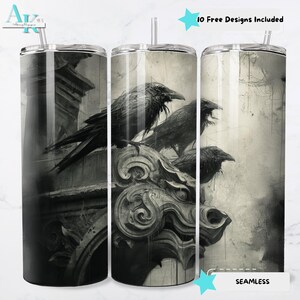 May include: Three black ravens perched on a stone gargoyle with a detailed, textured surface. The background is a faded gray with a cloudy sky. The image is seamless.