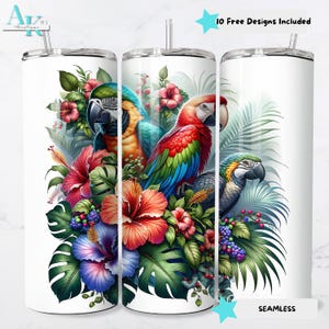 Tropical Macaw Parrot 20oz Sublimation Tumbler Wrap, Floral Tumbler Design, Exotic Bird Tumbler, Skinny Tumbler Design, Gift for Bird Lover