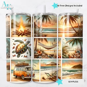 Könnte beinhalten: Ein Edelstahlbecher mit einem tropischen Strandmotiv. Das Design umfasst ein Lagerfeuer, Palmen, eine Schildkröte, eine Hängematte, einen Oldtimer-Van und Strandstühle. Der Becher hat einen Strohhalm und den Text "10 Free Designs Included".