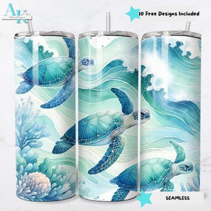 Sea Turtles Sublimation Skinny Tumbler Design 20oz Tumbler Wrap, Beach Ocean Scene Tumbler Design, Seamless Printable Artwork