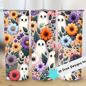 Cute Ghost Floral Tumbler Wraps, Halloween Ghost Digital Download, Flower Pattern Tumbler Design, Sublimation Tumbler Art, Ghosts