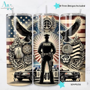 20oz Police Sublimation Tumbler Wrap PNG Digital Download Police Officer Design Blue Line American Flag Eagles png