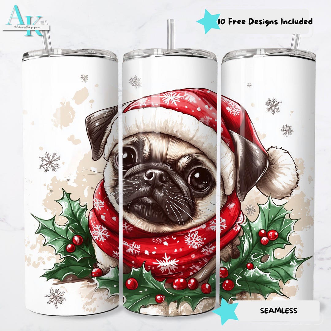Pug Christmas Dog Sublimation PNG, 20oz Tumbler Wrap Design, Digital ...