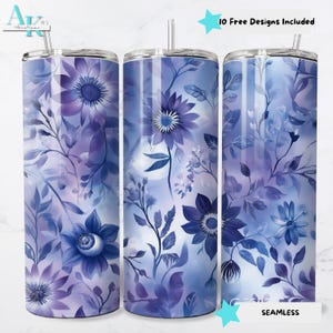 Blue Floral Tumbler Wrap, 20oz Skinny Tumbler Wrap Design, Full Wrap Digital Download, Flower Sublimation Tumbler PNG