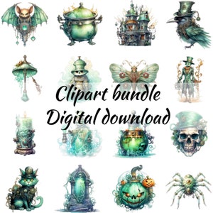 Enchanting Teal Steampunk Halloween clipart  set, Halloween PNG designs, watercolor clip art set, pastelloween, steampunk fanatics gifts