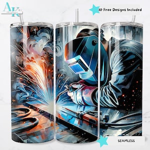 Peut inclure: Un gobelet en acier inoxydable avec une illustration d'un soudeur au travail. Le design présente des étincelles, un masque de soudure et des outils dans des tons de bleu, orange et noir. Le texte "10 Free Designs Included" est également visible.