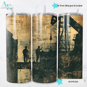May include: Three stainless steel tumblers with a design of an oil rig and workers in a vintage, distressed style. The tumblers are seamless and have a straw.