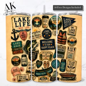 May include: Three stainless steel tumblers with a beige background and lake-themed decals. The decals include phrases like "Lake Life," "Aloha," and "Relax You're on Lake Time." Each tumbler has a straw.