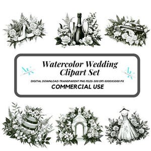 Watercolor Wedding Clipart Wedding Bundle Bride and Groom Clipart Set, Wedding Day Clipart PNG, Just Married Clipart Sublimation PNG