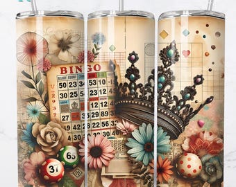 May include: A stainless steel tumbler featuring a vintage bingo theme. The design incorporates a bingo card, a crown, flowers, and bingo balls. The tumbler has a straw and the text "10 Free Designs Included" is visible.