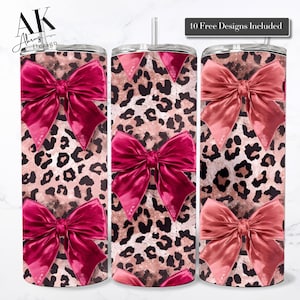 Luipaard coquette strik 20oz beker wrap, png | Felroze glamourstrik | Sparklecore-sublimatieontwerp