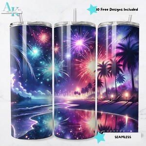 Beach Fireworks 20oz Sublimation Tumbler Wrap, Festive Design, Summer Vibes, Tumbler Design, Skinny Tumbler, Instant Download, Holiday Wrap
