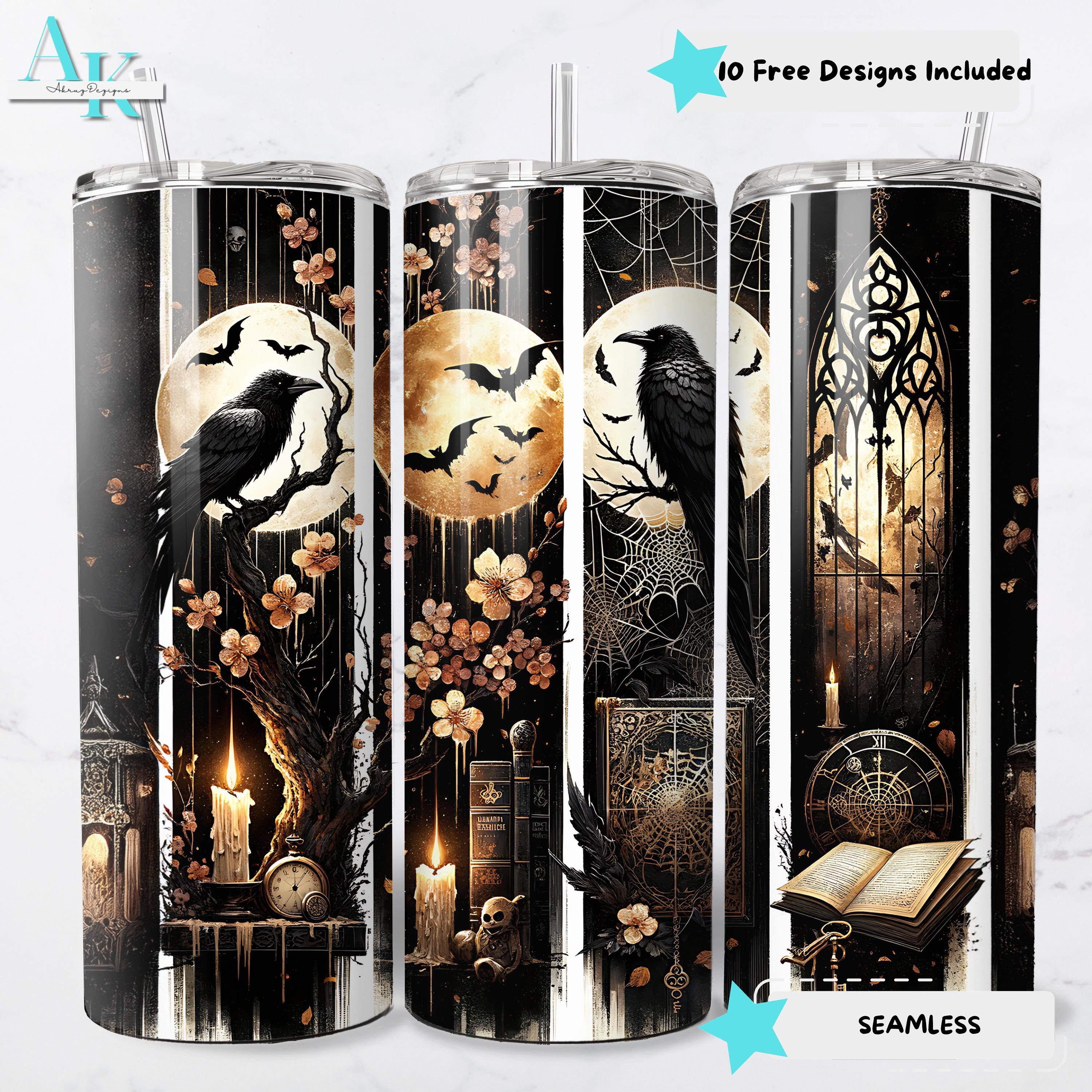 Raven Moon Tumbler Wrap | Gothic Sublimation PNG | 20oz Skinny Digital | Crow Bats Sublimation Design | Spooky Halloween | Digital Download