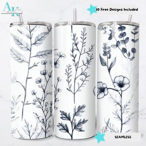 Botanische Blumen 20 Unzen Skinny Tumbler Wrap PNG, Schwarz-Weiß Sublimationsbecher Design, digitaler Download, 20 Unzen Tumbler Wrap, Natur