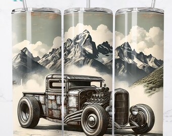 Hot Rod Truck 20oz Sublimation Tumbler Wrap, Vintage Car Tumbler Design, Mountain Scene Tumbler Sublimation, 20oz Skinny Tumbler Wrap Design