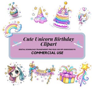 Lindo unicornio de cumpleaños, uso comercial, unicornio PNG, PNG transparente de 300 DPI, clipart de cumpleaños de arcoíris, clip art de unicornio kawaii