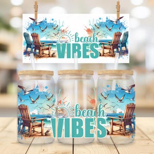 Beach Vibe Glass Can Wraps Bundle, 16oz Glass Can PNG, Beach Glass Can Sublimation Design, Vacation Glass Can PNG