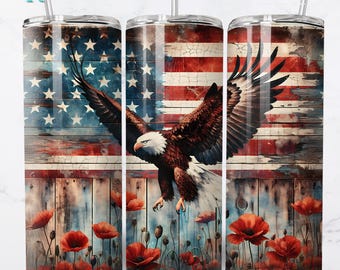 Eagle American Flag Tumbler Wrap PNG | Bald Eagle 20oz Skinny Sublimation Design | Patriotic USA Wrap | Digital Download