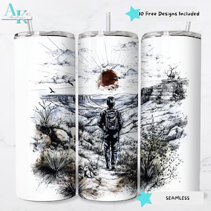 Hiking Sunset Adventure Illustration, 20 oz Skinny Tumbler Wrap, 20oz Sublimation Tumbler PNG, Digital Download, Tumbler Wrap Design