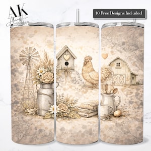 May include: A beige tumbler with a farmhouse design. The design includes a windmill, flowers, a birdhouse, a rooster, a barn, and the text "10 Free Designs Included". The tumbler has a silver lid and a straw.