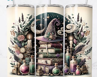 Witch Hat Books 20oz Sublimation Tumbler Wrap, Moon Stars, Wizardry Tumbler Design, 20oz Skinny Tumbler Wrap, Sublimation Tumbler, PNG