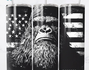 Patriotic Sasquatch Tumbler Wrap PNG | Bigfoot American Flag 20oz Skinny Tumbler Sublimation | Digital Download Commercial License