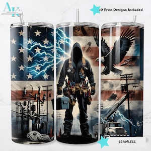 Könnte beinhalten: Ein Edelstahlbecher mit einem umlaufenden Design mit einer amerikanischen Flagge, Blitzen und einem Elektriker. Das Design umfasst einen Adler, Stromleitungen und den Text "10 Free Designs Included" und "Seamless".