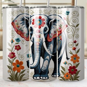 Embroidered Elephant 20 oz Skinny Tumbler Sublimation Design Digital Download PNG DIGITAL ONLY, Embroidery Mandala Elephant Tumbler Wrap