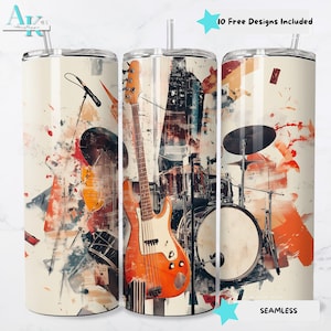 Music Lover 20oz Skinny Tumbler Wrap, Guitar and Drum Design, Digital Download, Straight Tumbler PNG for Sublimation, Tumbler Wrap