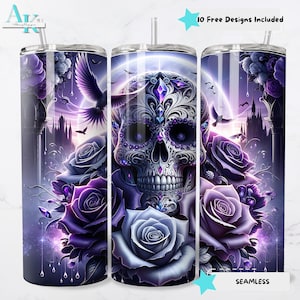 Sugar Skull 20oz Sublimation Tumbler Wrap, Gothic Skull Tumbler Design, Purple Roses, Floral Skull Tumbler Wrap, 20oz Skinny Tumbler Designs