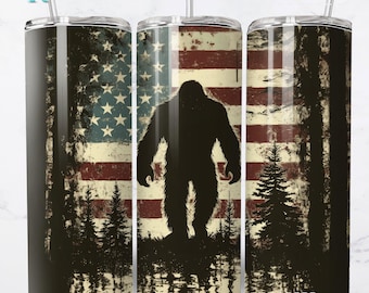 Patriotic Bigfoot Tumbler Wrap PNG | American Flag Sasquatch 20oz Skinny Tumbler Sublimation | Digital Download Commercial License