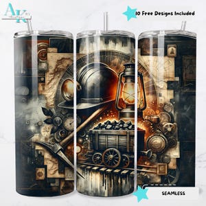 Pode incluir: Um conjunto de três canecas de aço inoxidável com tampas e canudos. As canecas apresentam um design steampunk com um capacete de mineiro, uma lanterna, um vagão de carvão e engrenagens. O texto "10 Free Designs Included" e "Seamless" também é visível.