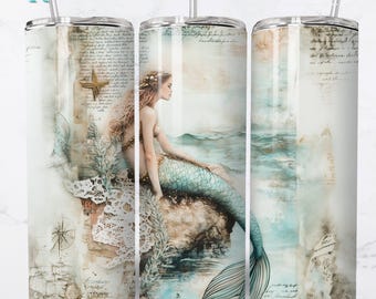 Mystical Mermaid 20oz Skinny Tumbler Wrap, PNG di sublimazione digitale per bicchieri a tema oceano, download di design artistico senza cuciture di sirena