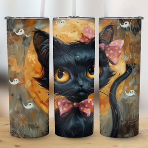 Niedlicher Becher der schwarzen Katze mit Schleife, gruseliger Halloween-Katzenbecher, Geisterkatzenbecher, Halloween-Katzen-Trinkgeschirr, digitaler Download