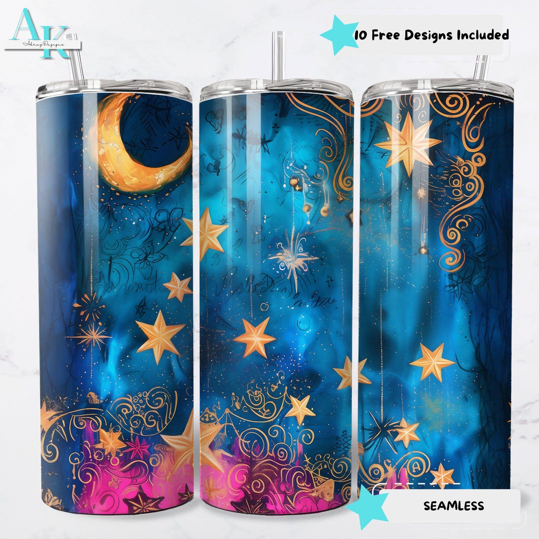 20oz Tumbler Wrap Celestial Night Sky Stars Moon Blue and Gold Design ...