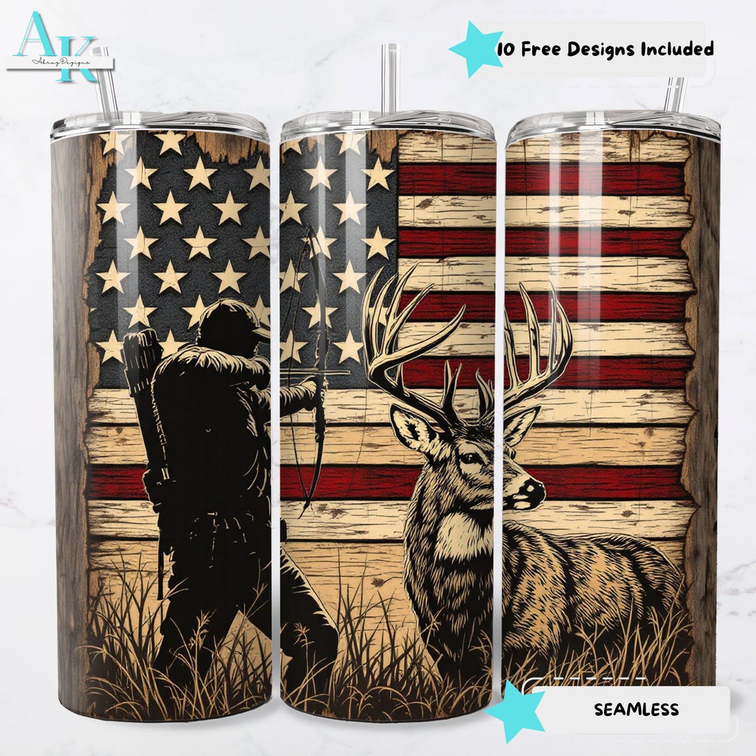Deer Hunter American Flag Digital Wrap PNG, 20oz Skinny Tumbler Wrap ...