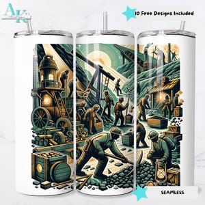 May include: White tumbler with a detailed illustration of a coal mine scene. The design features miners, a train, and mining equipment in shades of green, brown, and yellow. Text on the tumbler reads "10 Free Designs Included" and "SEAMLESS".