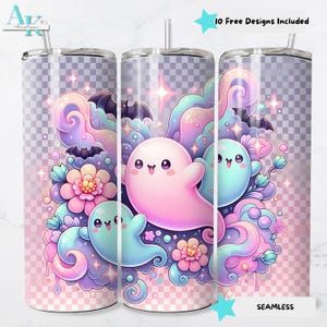 Pastell Gespenster Becher | Niedliches Halloween PNG | Kawaii Gruselig Wrap | Blumengeist Sublimation | 20 Unzen Skinny Tumbler Design