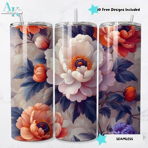 Elegant Floral Peony Tumbler Wrap for 20oz, Digital Download, Sublimation Tumbler, Skinny Tumbler Wrap Design, Straight Tumbler PNG