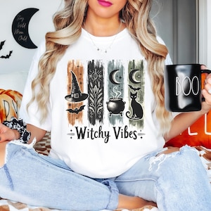 Witchy Vibes Halloween PNG | Vintage Witch Hat Black Cat Cauldron | Spooky Season Sublimation Clipart for Shirts and Crafts