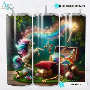 Magische eenhoorn met schatkist 20 oz magere beker wrap digitale download, sublimatie beker wrap ontwerp, sprankelende beker, sprankelende beker, png PNGEgg