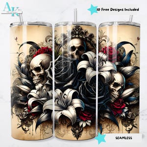 Skull and Roses 20oz Sublimation Tumbler Wrap, Goth Tumbler Design, Floral Tumbler Sublimation, Skinny Tumbler Wrap, Halloween Tumbler