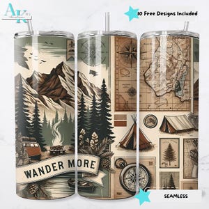 Wander More 20 Unzen Sublimationsbecher Wrap, Abenteuer Becher Design, Camping Sublimation, Kompass Karte Becher, Skinny Tumbler Design