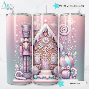 Gobelet skinny maison en pain d&#39;épice casse-noisette PNG, design en sublimation gobelet 20 oz, téléchargement numérique Noël, papier peint à paillettes pastel