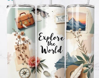 Envoltura para vaso de viaje, diseño de viajero mundial (descarga digital PNG)