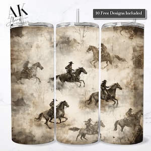Könnte beinhalten: Ein Edelstahlbecher mit einem umlaufenden Design mit Cowboys auf Pferden. Das Design ist in Sepiatönen mit einem Vintage-Aquarelleffekt gehalten. Der Text "10 Free Designs Included" steht oben.