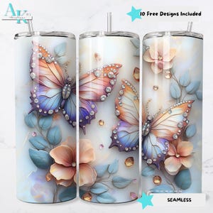 Diamond Butterfly and Pastel Rose Sublimation PNGButterfly Floral Tumbler Wrap, Digital Sublimation Design, 20oz Skinny Tumbler PNG